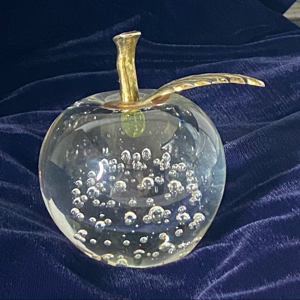 WT Art Vintage Clear Bubbled Glass Apple Paper Weight